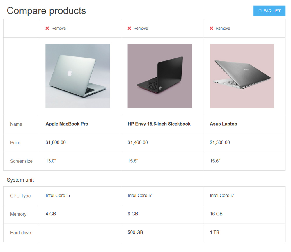 comfy access website design and development - compare products section